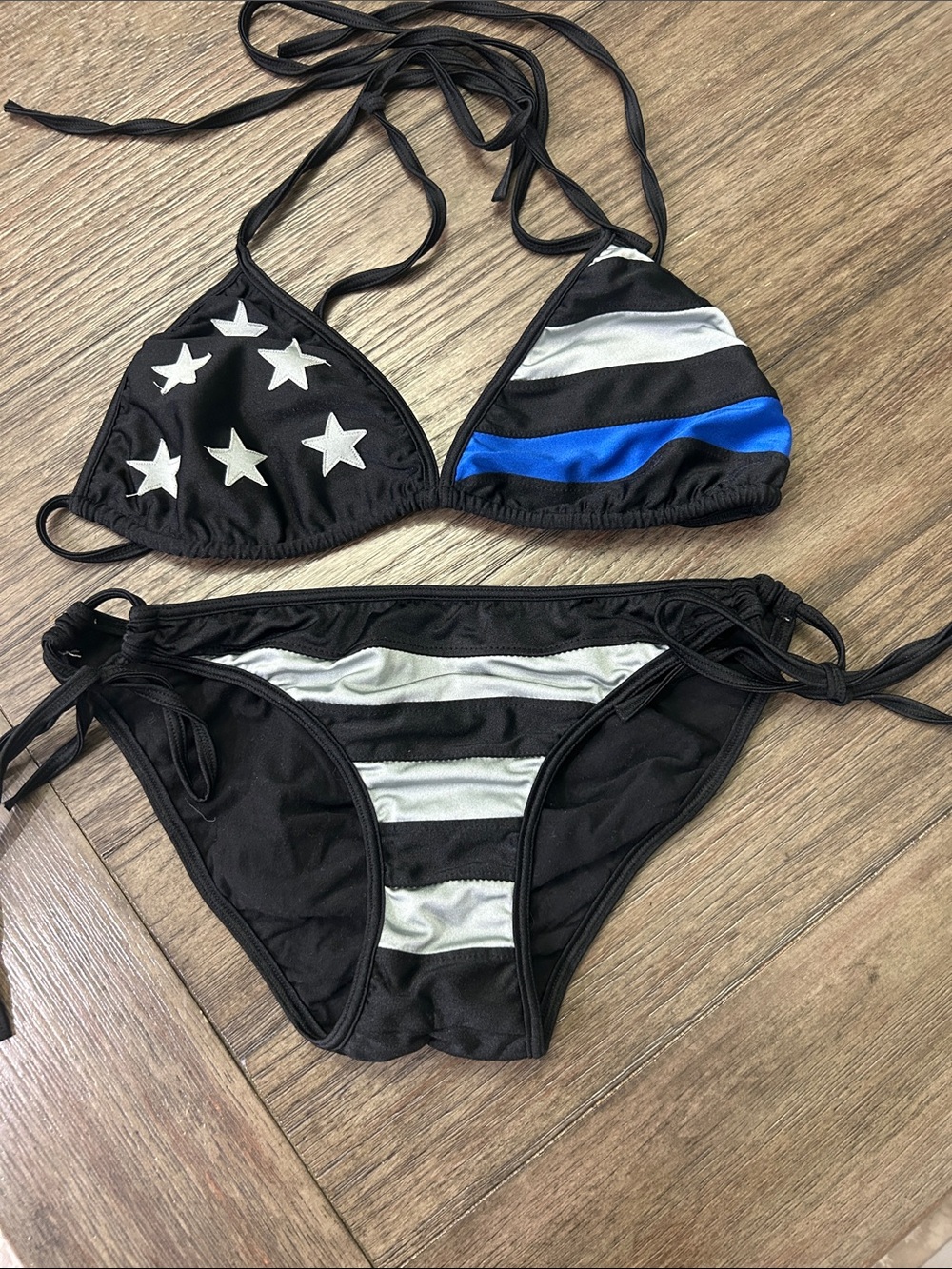 Women’s Black Bikini Set with Silver Stripes & Blue Accent